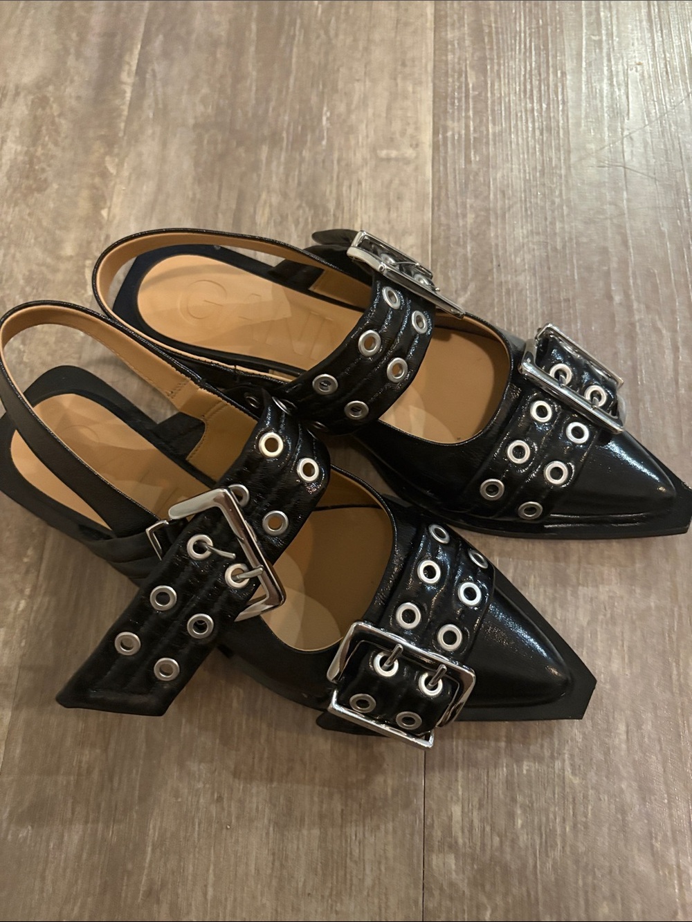 Ganni Black Buckle Ballerina Flats Vegan Leather - Picture 4 of 7